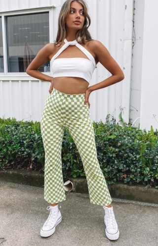 BEGINNING BOUTIQUE Lorelai Check Pant Light Green ~ womens checked crop leg pants ~ women’s casual cropped cotton trousers