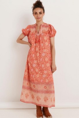 SPELL LOVE STORY SHORT SLEEVE BOHO DRESS Red Coral / womens floral bohemian maxi dresses / feminine organic cotton summer fashion - flipped
