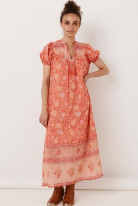 SPELL LOVE STORY SHORT SLEEVE BOHO DRESS Red Coral / womens floral bohemian maxi dresses / feminine organic cotton summer fashion