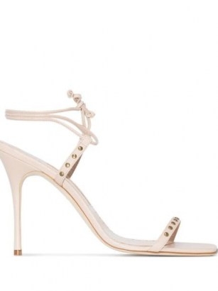 Manolo Blahnik Morata 105mm sandals in pink / strappy ankle tie barely there stiletto heels - flipped