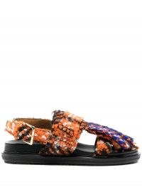 Marni fringed-detail tweed sandals / textured wool covered slingback flats