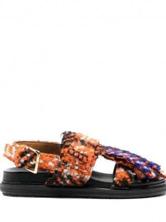 Marni fringed-detail tweed sandals / textured wool covered slingback flats