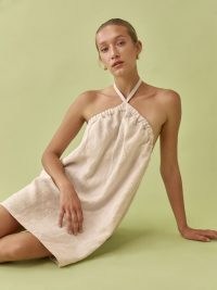 REFORMATION Maui Linen Dress Oatmeal ~ feminine sack style halterneck dresses ~ summer halter neck fashion
