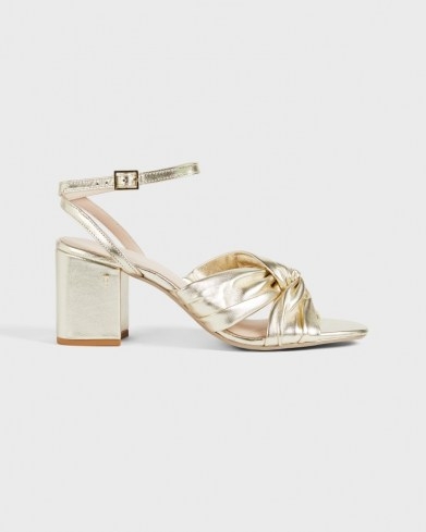 Ted Baker TABBO Metallic Leather Mid Heel Sandal – gold vintage style front twist sandals – ankle strap occasion shoes – luxe block heels - flipped