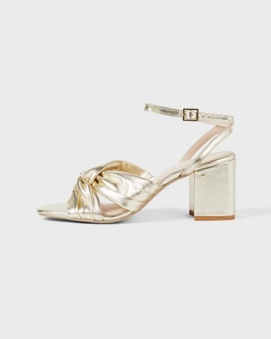 Ted Baker TABBO Metallic Leather Mid Heel Sandal – gold vintage style front twist sandals – ankle strap occasion shoes – luxe block heels