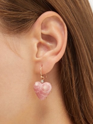IRENE NEUWIRTH Love diamond & 18kt rose-gold earrings / pink heart-shaped rhodochrosite drops / womens luxe jewellery / hearts
