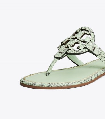 Tory Burch MILLER SANDAL EMBOSSED LEATHER | sage green snake effect flats | chic flat thonged summer sandals - flipped