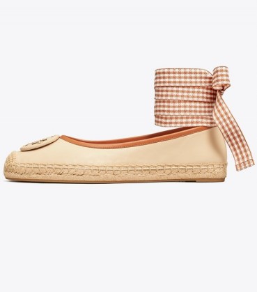Tory Burch MINNIE BALLET ESPADRILLE LEATHER | cream ballerinas with removable brown gingham ankle tie | luxe flats - flipped