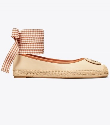 Tory Burch MINNIE BALLET ESPADRILLE LEATHER | cream ballerinas with removable brown gingham ankle tie | luxe flats