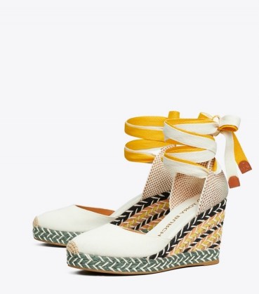 Tory Burch MULTICOLORED WRAP ESAPDRILLE | canvas ankle tie wedge espadrilles | summer wedges - flipped