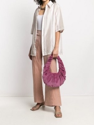 Nanushka Anja ruched velvet shoulder bag in peony-purple ~ luxe fabric bags