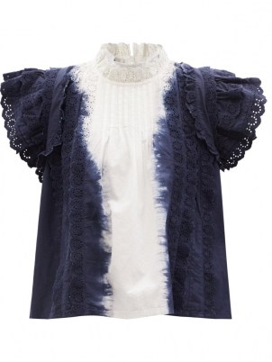 SEA Everlyn ruffled tie-dye cotton-poplin blouse / romantic ruffle trim high neck tops - flipped