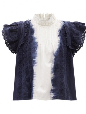 SEA Everlyn ruffled tie-dye cotton-poplin blouse / romantic ruffle trim high neck tops