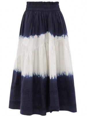 SEA Everlyn tie-dye cotton-poplin midi skirt / women’s navy and white cotton summer skirts - flipped