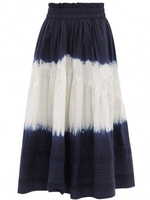 SEA Everlyn tie-dye cotton-poplin midi skirt / women’s navy and white cotton summer skirts