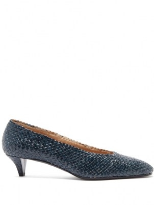 THE ROW Lady D navy woven-leather pumps / dark blue low cone heel court shoes / handwoven courts / womens high vamp footwear - flipped