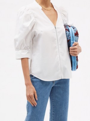 STELLA MCCARTNEY Rose V-neck short-sleeved white cotton poplin shirt ~ womens puff sleeve shirts - flipped