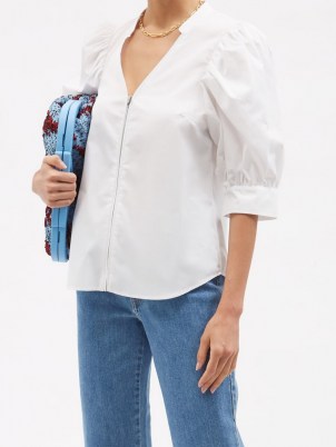 STELLA MCCARTNEY Rose V-neck short-sleeved white cotton poplin shirt ~ womens puff sleeve shirts