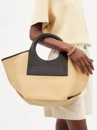 HEREU Cala small cream leather and canvas shoulder bag / chic shaped bags / tonal colour handbags / round top handle handbag / shopper / tote