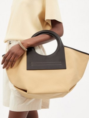 HEREU Cala small cream leather and canvas shoulder bag / chic shaped bags / tonal colour handbags / round top handle handbag / shopper / tote - flipped