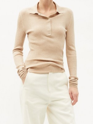RAEY Lightweight silk-blend knitted polo shirt ~ womens beige quarter button front shirts ~ women’s spread collar tops ~ casual clothing