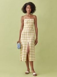 REFORMATION Nia Linen Dress Dandelion Check ~ strappy yellow check slit hem dresses ~ spaghetti strap fashion
