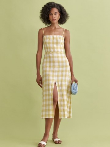 REFORMATION Nia Linen Dress Dandelion Check ~ strappy yellow check slit hem dresses ~ spaghetti strap fashion - flipped