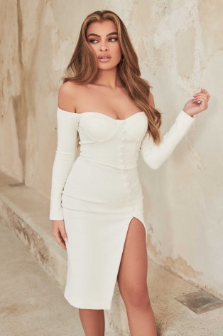 lavish alice off shoulder buttoned midi dress in white | thigh high split evening dresses | womens bardot going out fashion | slit hem - flipped
