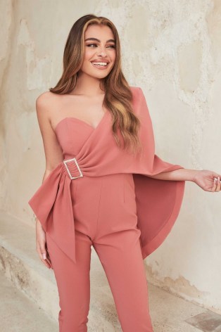lavish alice one shoulder cape jumpsuit in dusty rose ~ pink luxe style evening jumpsuits - flipped