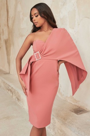 lavish alice one shoulder cape midi dress in rose pink | fitted bust pencil dresses | occasion glamour | womens party fashion - flipped