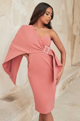 lavish alice one shoulder cape midi dress in rose pink | fitted bust pencil dresses | occasion glamour | womens party fashion