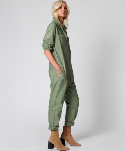ONETEASPOON SUPER KHAKI PARADISE UTILITY JUMPSUIT | womens green slouchy fit denim jumpsuits | women’s casual utilitarian fashion - flipped
