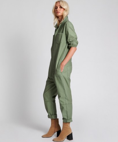 ONETEASPOON SUPER KHAKI PARADISE UTILITY JUMPSUIT | womens green slouchy fit denim jumpsuits | women’s casual utilitarian fashion