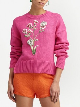 Oscar de la Renta pink floral-embroidered knitted jumper | women’s bright crew neck drop shoulder jumpers