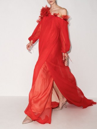 Oscar de la Renta red ruffle-detail one-shoulder silk dress ~ romantic floaty occasion gowns ~ flowing event dresses