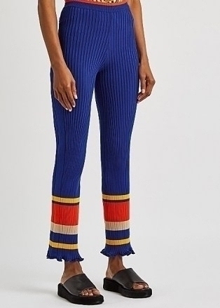 PACO RABANNE Blue striped ribbed-knit trousers – retro knitted pants