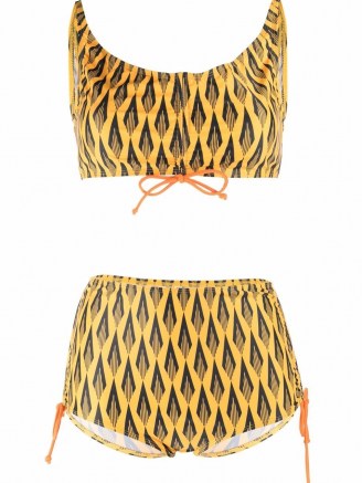 Paco Rabanne Ciao Paco geometric-print bikini – yellow and black retro slogan bikinis - flipped