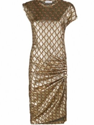 Paco Rabanne metallic asymmetric dress – glamorous gold side ruched dresses – evening glamour - flipped