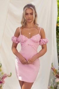 CLUB L LONDON PALE PINK CAMI BODYCON MINI DRESS WITH OFF THE SHOULDER PUFF SLEEVES – ruched detail cami strap party dresses