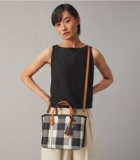 TORY BURCH PERRY GINGHAM SMALL TRIPLE-COMPARTMENT TOTE BAG Black / New Ivory | chic check print handbags | top hand bags