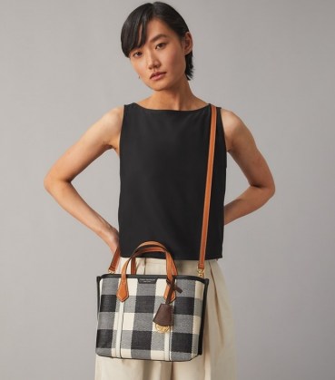 TORY BURCH PERRY GINGHAM SMALL TRIPLE-COMPARTMENT TOTE BAG Black / New Ivory | chic check print handbags | top hand bags