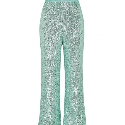 RIVER ISLAND Petite green sequin trousers ~ glittering going out pants - flipped