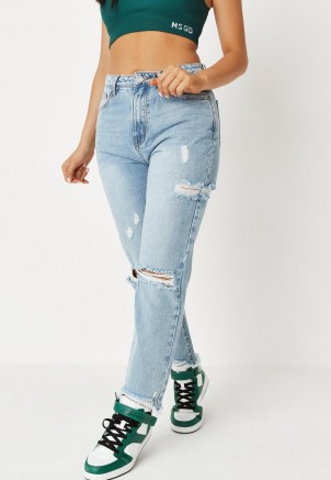 Missguided petite light blue wrath highwaisted slash straight leg jeans | women’s ripped denim | distressed | destroyed | womens casual fashion