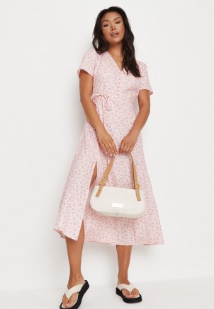 MISSGUIDED petite pink floral print half button midi tea dress / women vintage style split hem summer dresses / petite size on trend fashion - flipped
