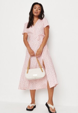 MISSGUIDED petite pink floral print half button midi tea dress / women vintage style split hem summer dresses / petite size on trend fashion