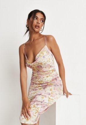 MISSGUIDED petite pink floral print satin ruched cowl neck mini dress / cami strap dresses