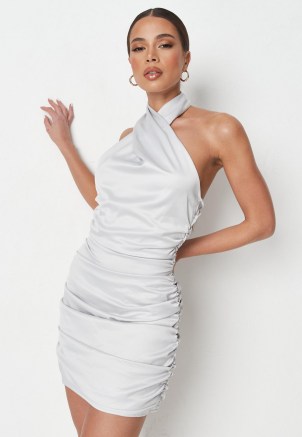 MISSGUIDED petite silver satin ruched halterneck dress ~ glamorous party dresses ~ going out glamour ~ halter neck evening fashion