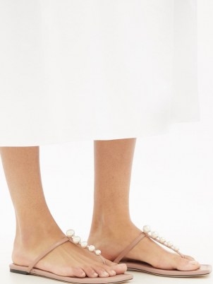 JIMMY CHOO Alaina crystal-embellished leather sandals | pink faux pearl thonged flats - flipped