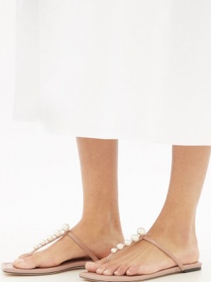 JIMMY CHOO Alaina crystal-embellished leather sandals | pink faux pearl thonged flats