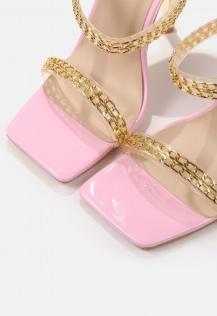 Missguided pink double chain strap heeled sandals | strappy square toe party heels - flipped